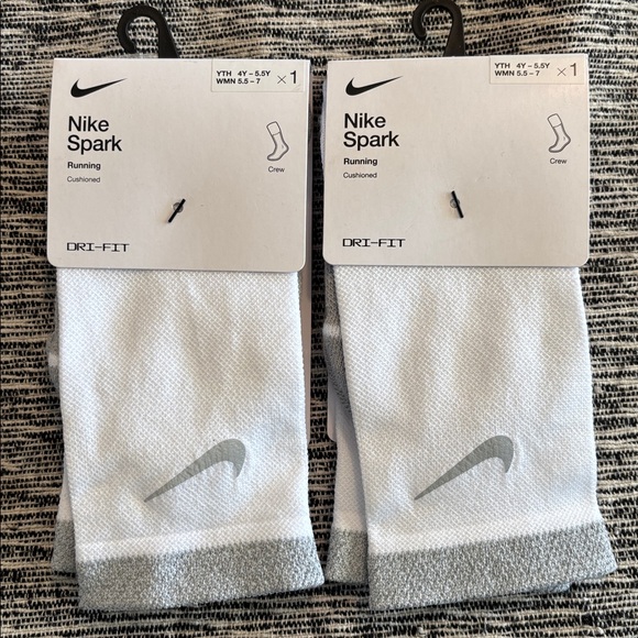 Nike Accessories - 2 Nike Spark Crew Running Socks DRI-FIT Cushioned White‎ Gray size 5.5 to 7